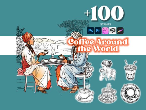 100 Coffee Around the World Photoshop Brushes