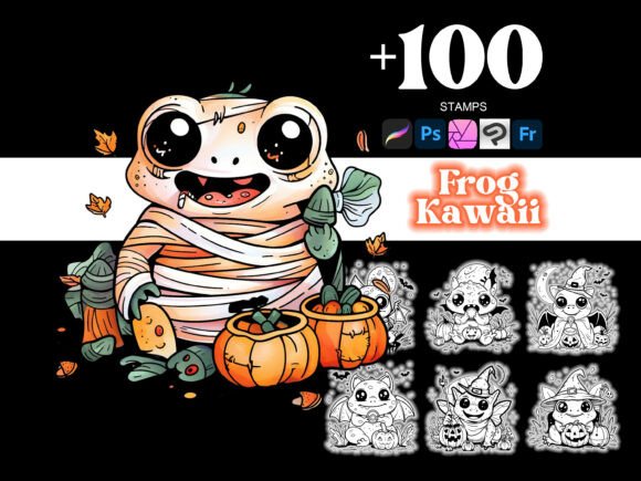 100 Frog Halloween Procreate: Kawaii Brush Assets