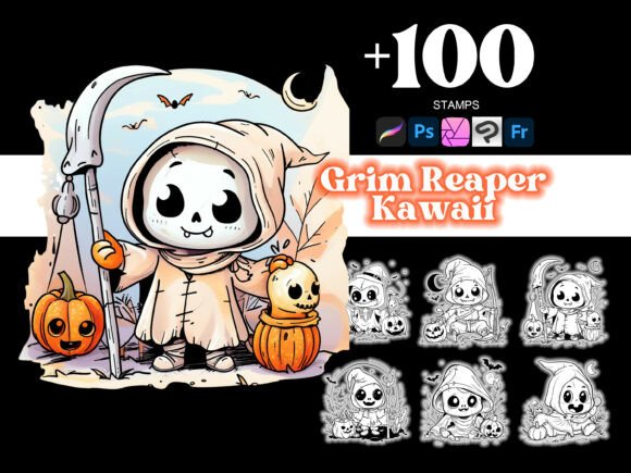100 Grim Reaper Halloween Procreate Brush Set