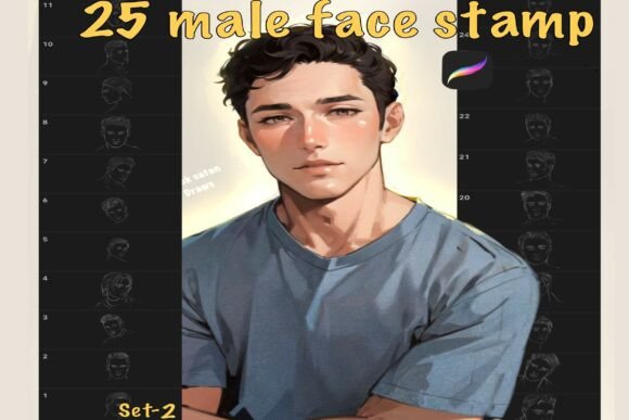 Men Face Stamp Procreate Set of 25: Digital Art Tool